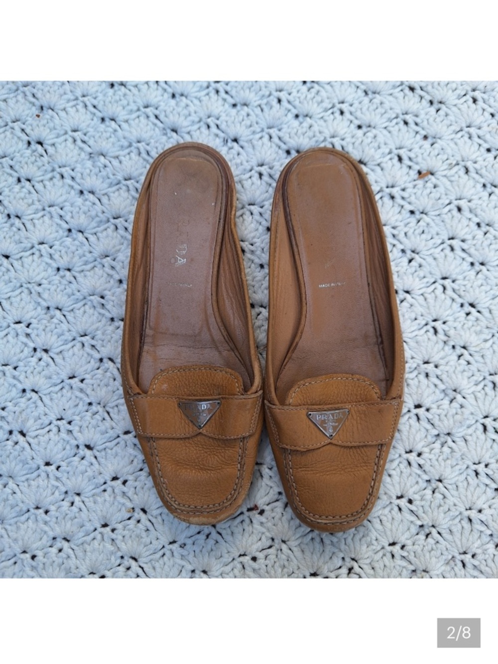 Prada Tan Leather Loafer Flats with Triangular Logo